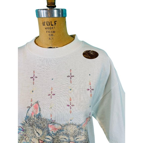 Vintage 90s Kitten Tee Womens XL DEADSTOCK Diamond Dust Graphic T Shirt - Picture 3 of 10